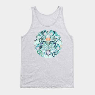 Ocean Aqua Art Nouveau Pattern with Peach Flowers Tank Top